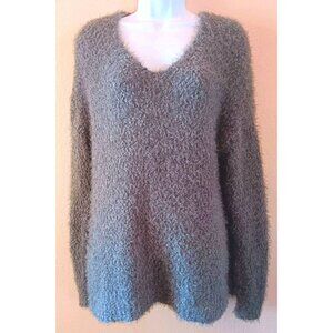 SO Soft Fuzzy Pullover V-Neck Sweater L Olive Green Festive Christmas Holiday